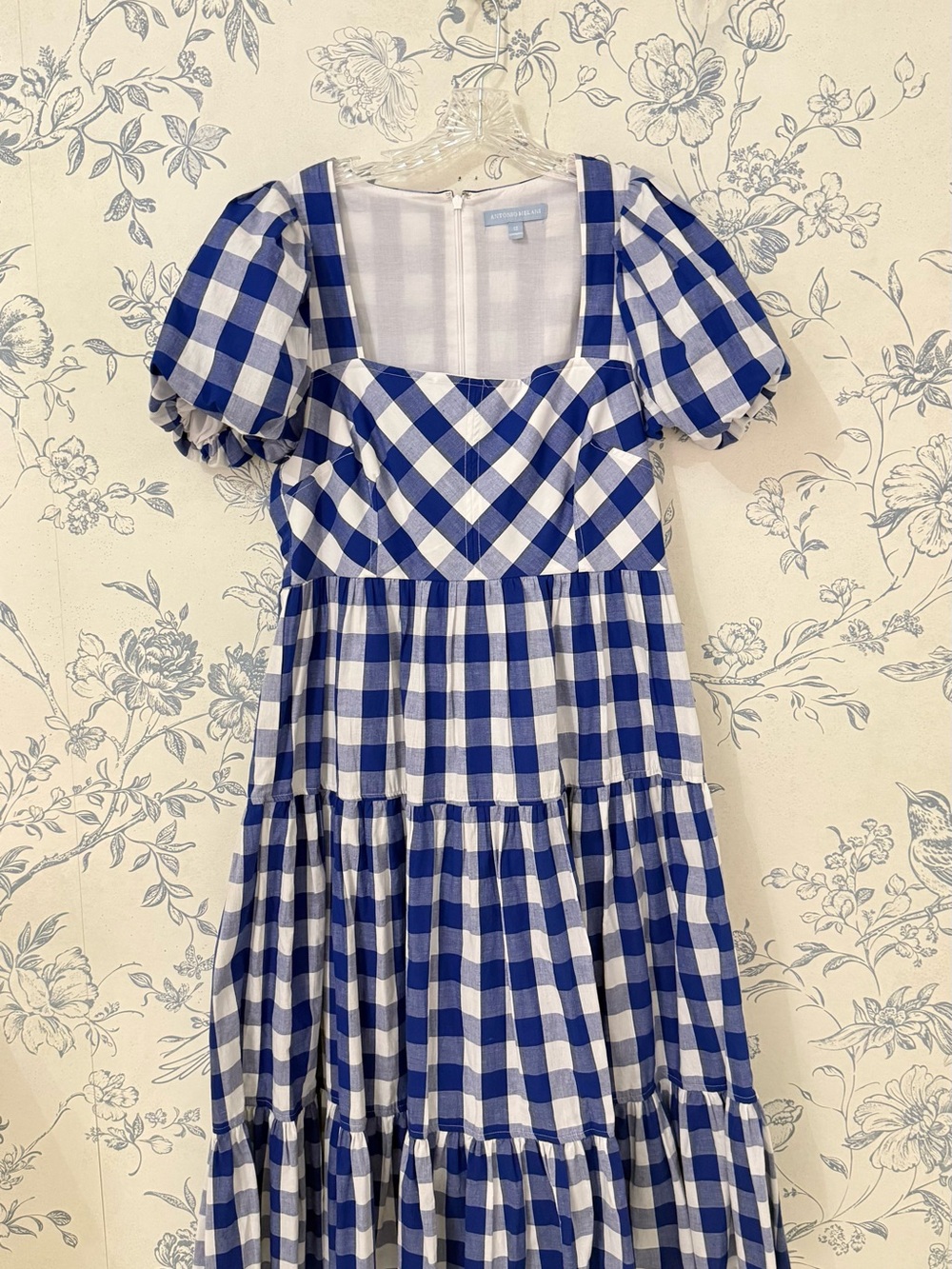 ANTONIO MELANI Blue and White Gingham Puff-Sleeve Midi Dress - Picture 3 of 6